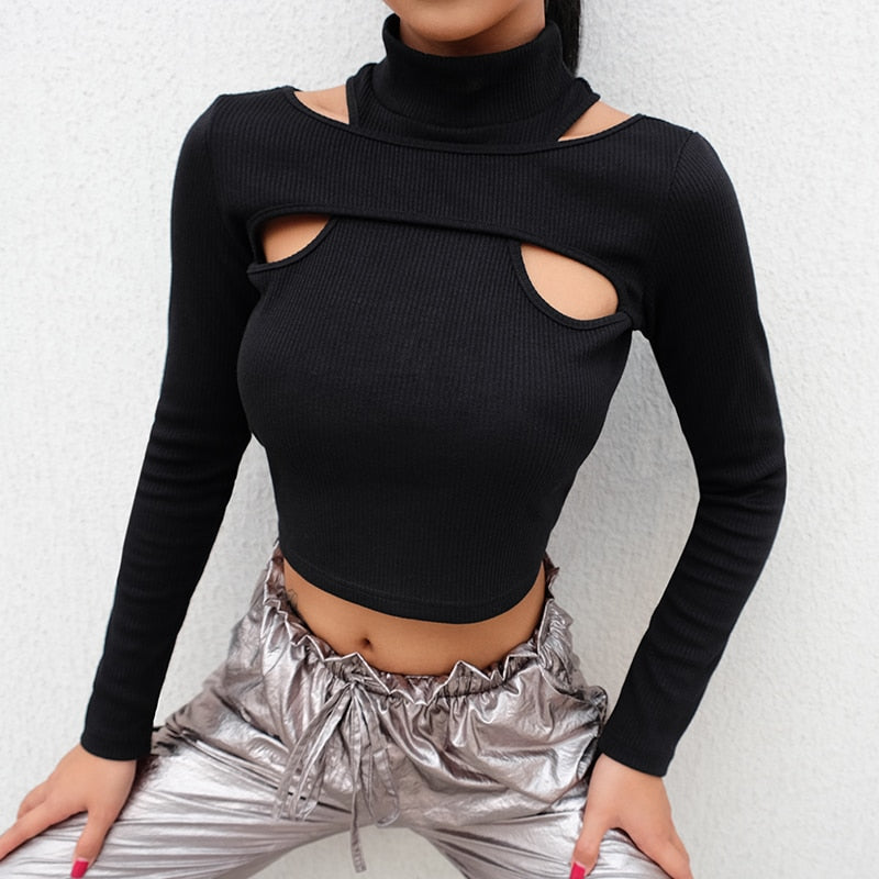 Gothic Korean Style Buckle Women Turtleneck Sleeve T Shirt - Trendy and Versatile Women's Turtleneck