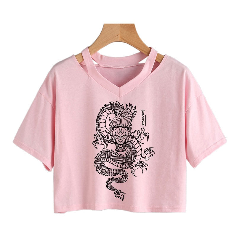 Gothic Streetwear Crop Top With Dragon