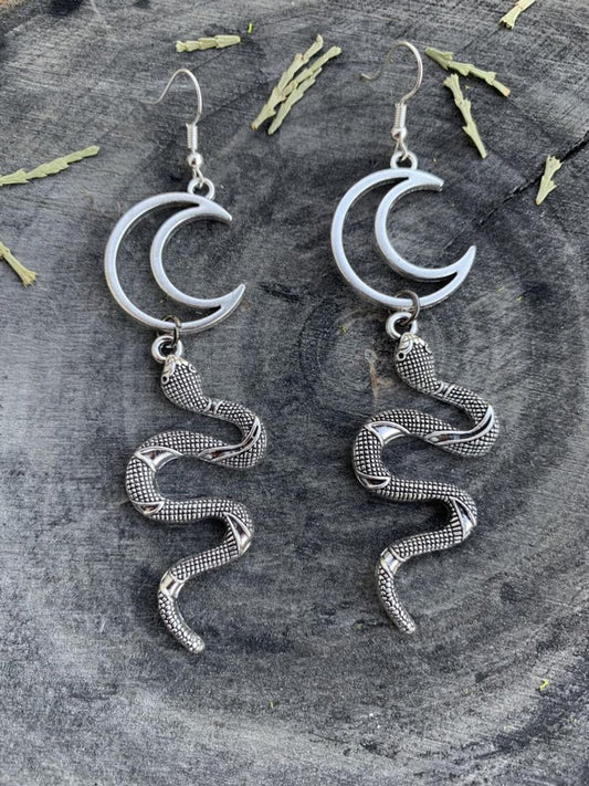 Gothic Witchy Snake Moon Earrings