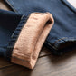 Fleece-Lined Jeans with Hole Patch and Straight Cut