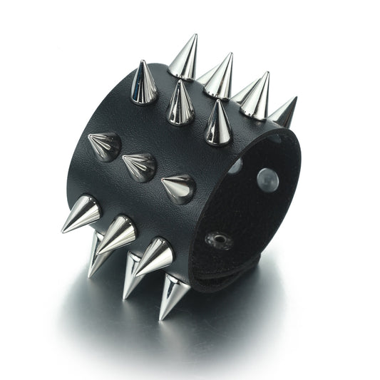 Gothic Emo Leather Wristband with Metal Spikes