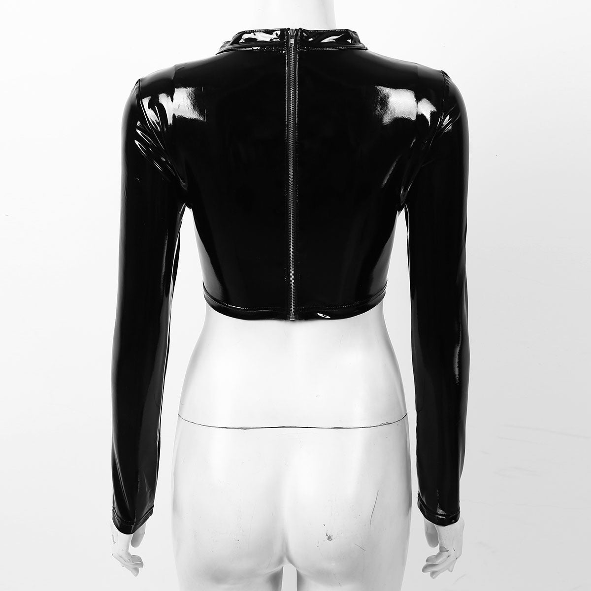Sleek and stylish wet look crop top with buckles for a bold statement