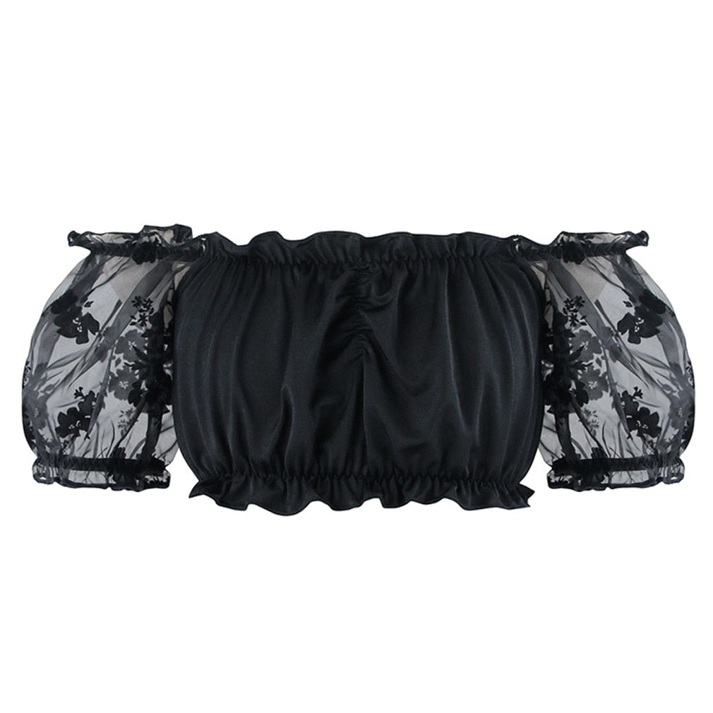 "Gothic-inspired lace crop top with an off-shoulder style, perfect for a unique outfit