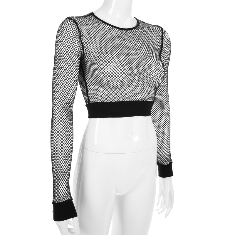 Sexy Mesh Crop Top Tee Shirt with Hollow Out Design