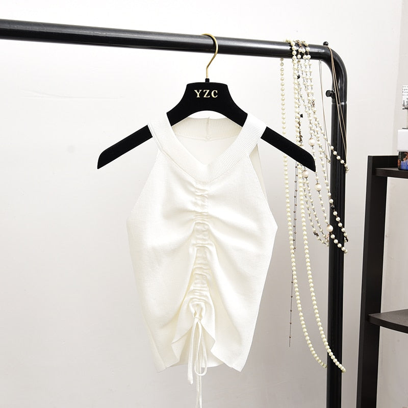 Gothic Stretchable Knit V Neck Crop Camis Tops