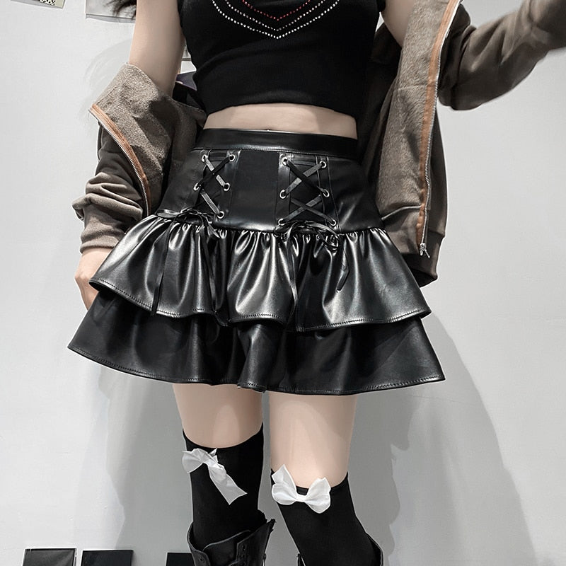 Punk Style PU Leather Mini Skirt with Lace Up Bandage