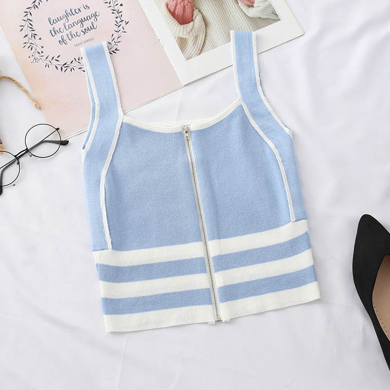 Striped Zipper Crop Top Tank