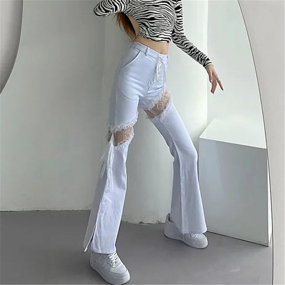 Gothic Hollow Out High Waist Flared Jeans