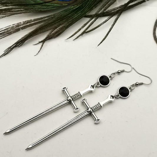 Gothic Black Crystal Sword Earrings