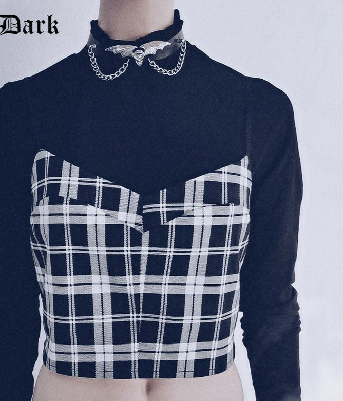 Black Plaid Camisole Two Piece Set - Stylish and edgy two-piece set with a plaid camisole and coordinating skirt.