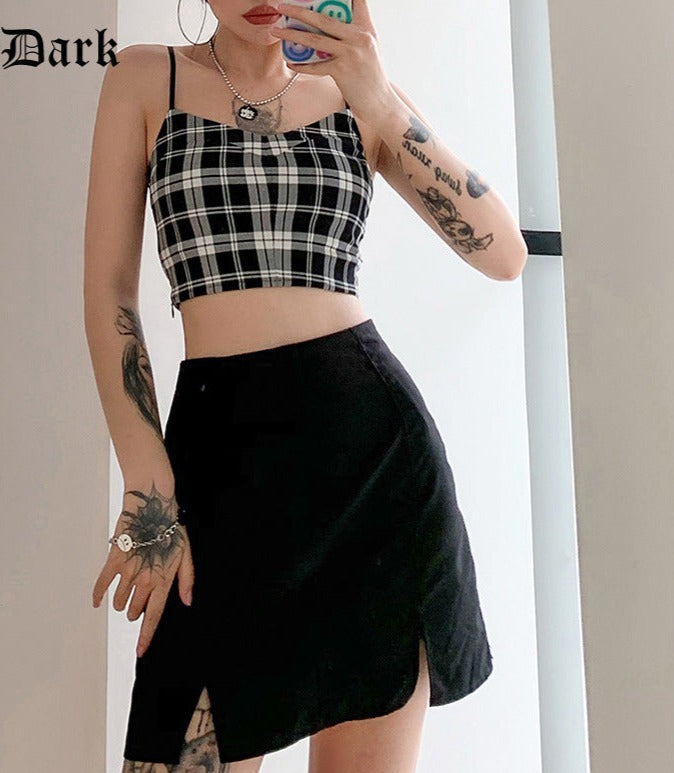 Fashionable Gothic Two Piece Set - Step up your fashion game with this trendy and chic two-piece set, including a plaid camisole and skirt.