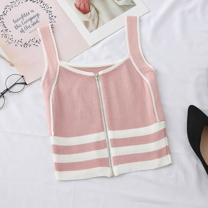 Striped Zipper Crop Top Tank