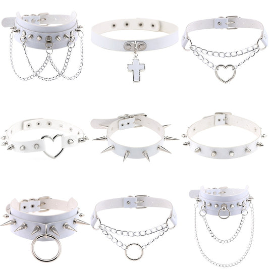 Gothic White Leather Choker Necklace with Multiple Spikes and Pendant Designs