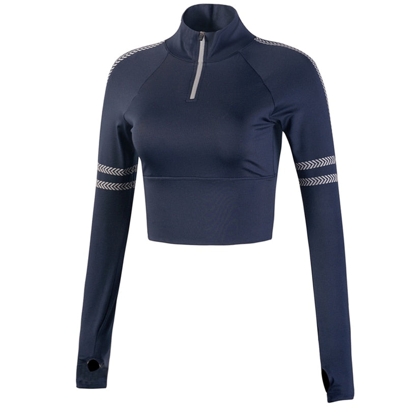 Reflective Half-Zip Gym Crop Top with Thumb Holes