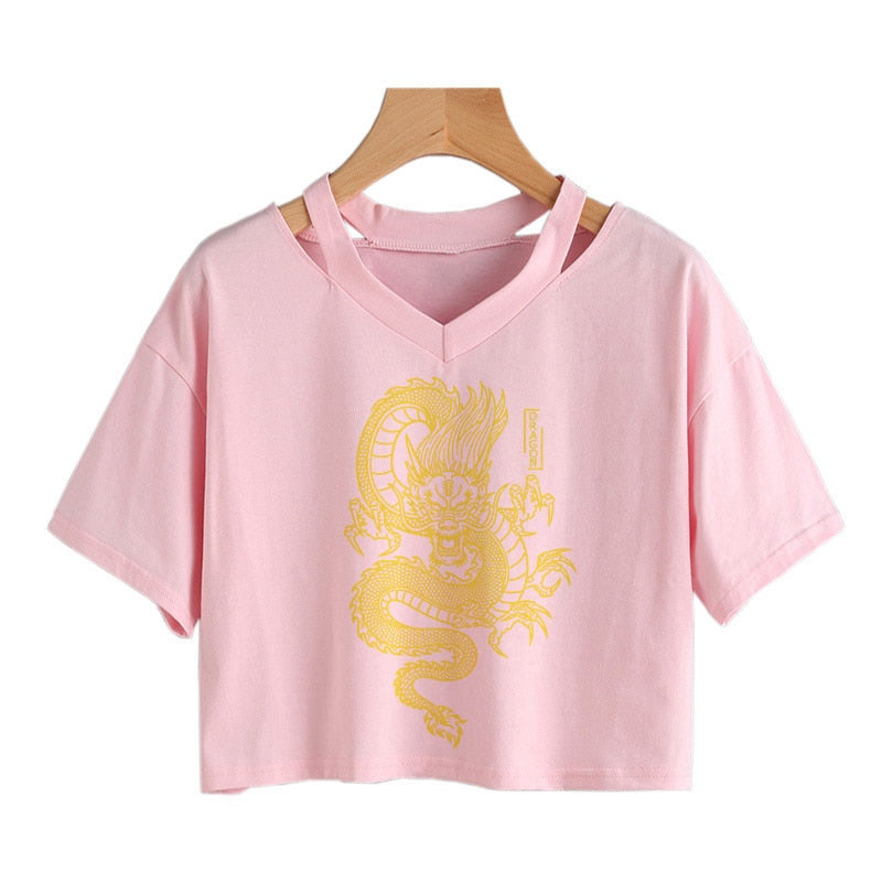 Gothic Streetwear Crop Top With Dragon
