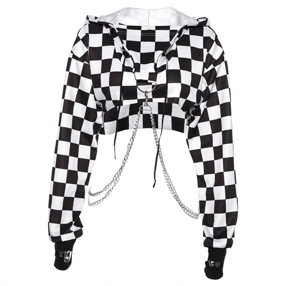 Gothic Plaid Casual Streetwear Hoodie Crop Top