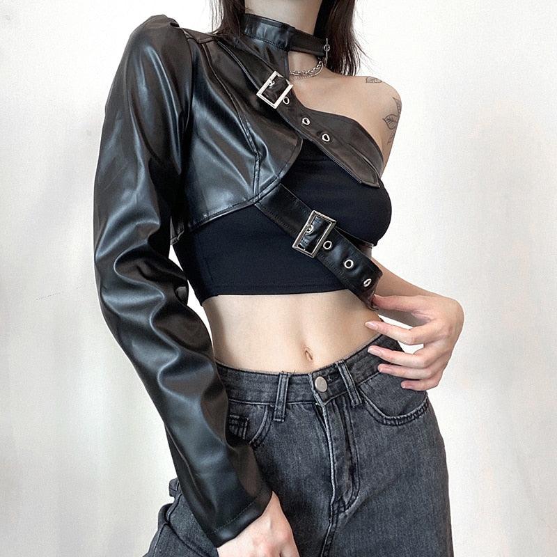 Stylish and sleek PU leather crop top for a gothic fashion statement
