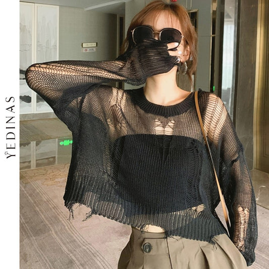 Black Gothic Thin Pullover Sweater for Women with a Loose Fit and Distressed Details