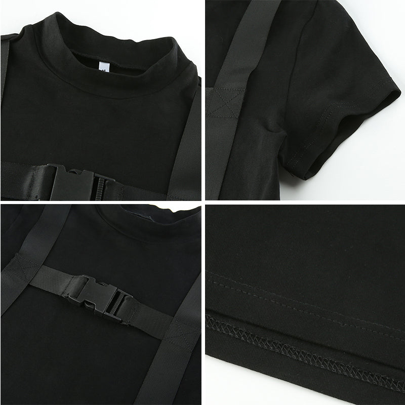Gothic Korean Style Buckle Women Turtleneck Sleeve T Shirt - Exude Confidence with this Edgy Top