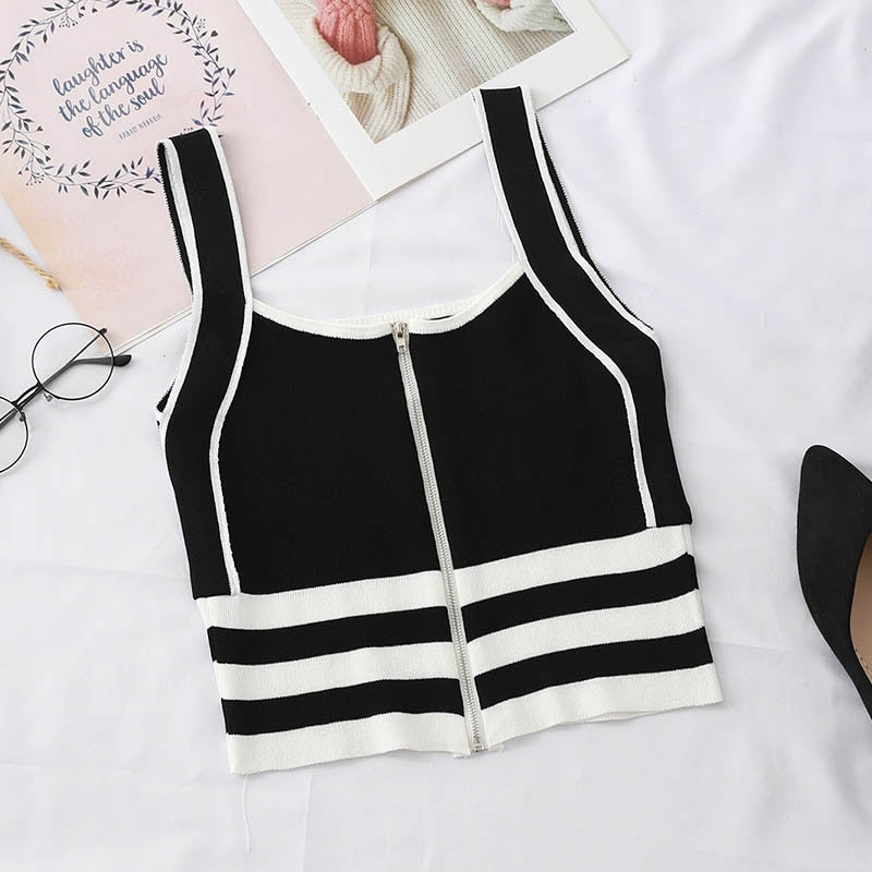 Striped Zipper Crop Top Tank