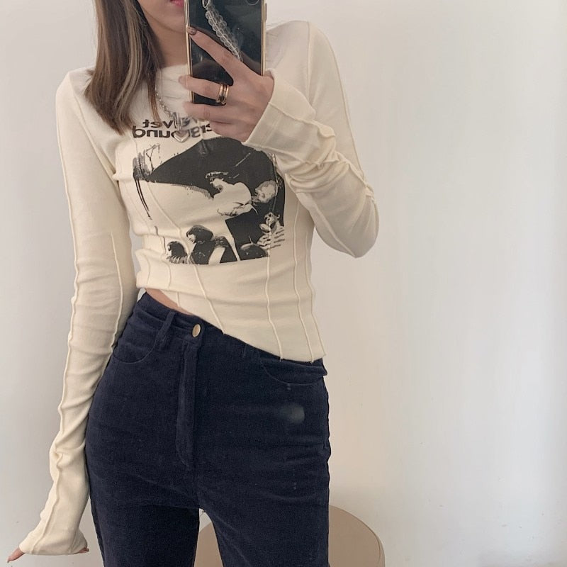 Graphic Print Cropped Tops 90s Vintage