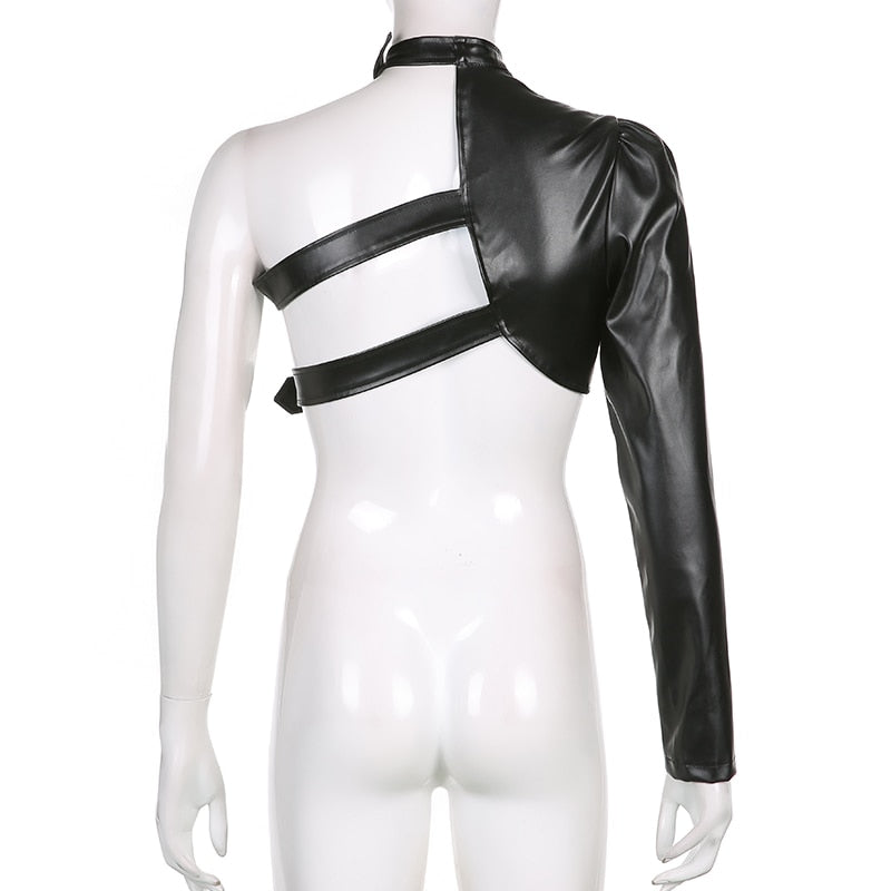 Elevate your style with this gothic-inspired black PU leather crop top."