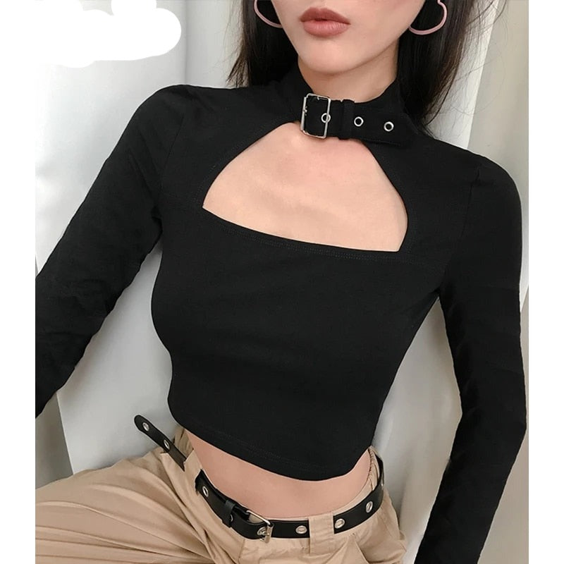 Gothic Korean Style Buckle Women Turtleneck Sleeve T Shirt - Edgy and Fashionable Women's Tee