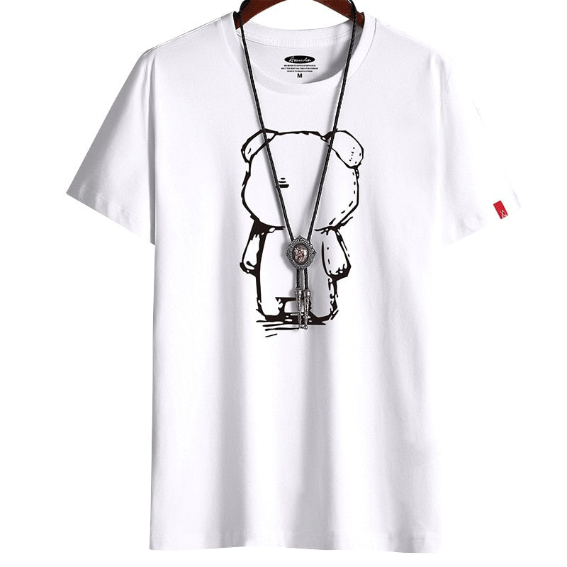 White O-neck shirt with an oversized and relaxed fit, adorned with an eye-catching anime man print