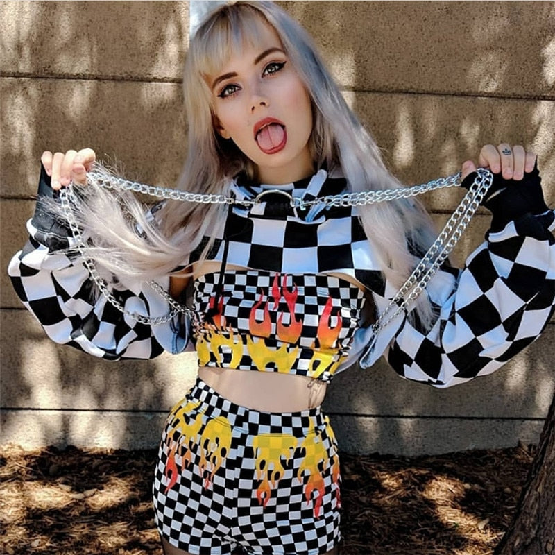 Gothic Plaid Casual Streetwear Hoodie Crop Top