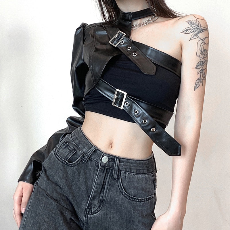 Fashion-forward gothic crop top in black PU leather, perfect for making a statement."