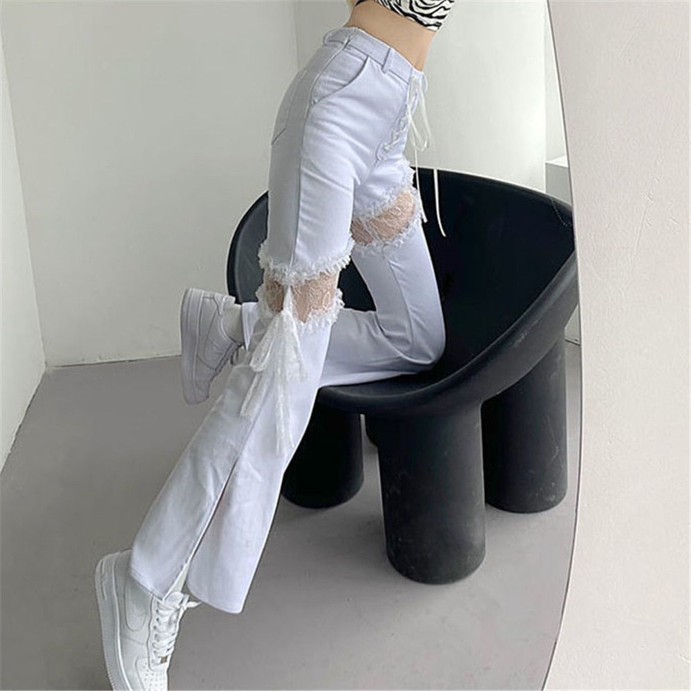 Gothic Hollow Out High Waist Flared Jeans