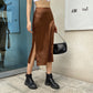Vintage-inspired satin maxi skirt with a dramatic side split and high waist