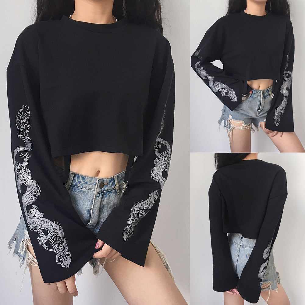 Gothic Cool Girl Dragon Pattern T-Shirt
