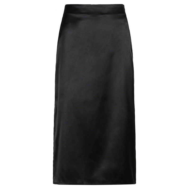 Elegant Vintage Satin Skirt with High Waist and Side Split Detail"