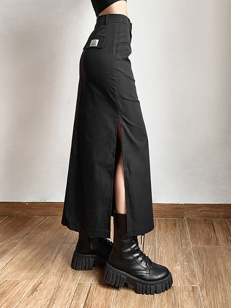 Gothic Casual Tag Split Women Midi Skirt