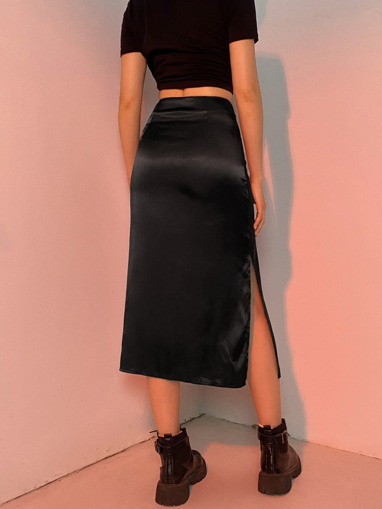 Elegant and Sophisticated Satin Skirt with Side Split for Women"