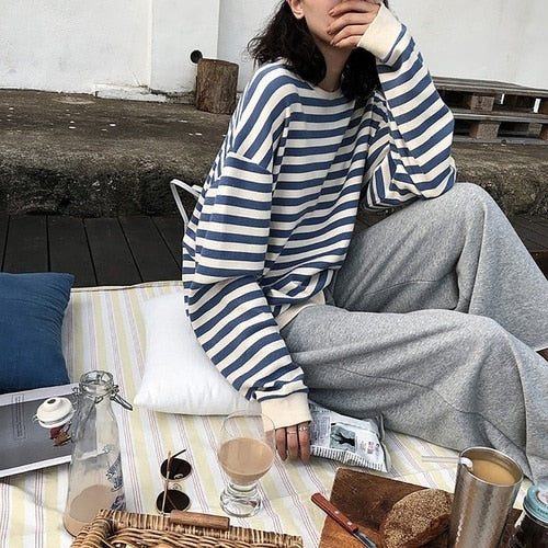 Gothic Japan style Stripe Cotton Hoodie for Women