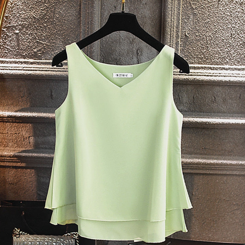 Summer Sleeveless Chiffon Blouse Solid V-neck