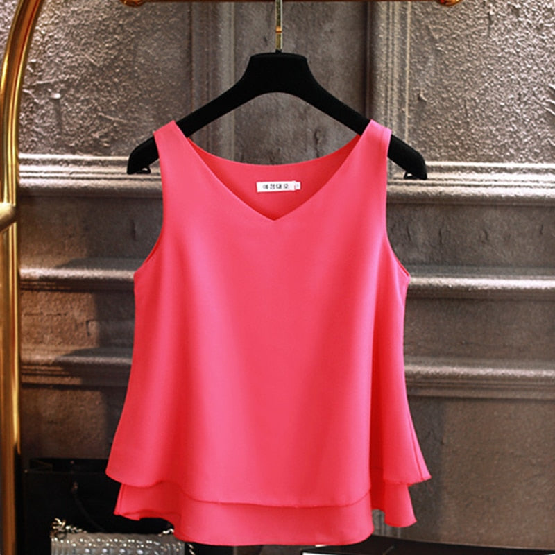 Summer Sleeveless Chiffon Blouse Solid V-neck
