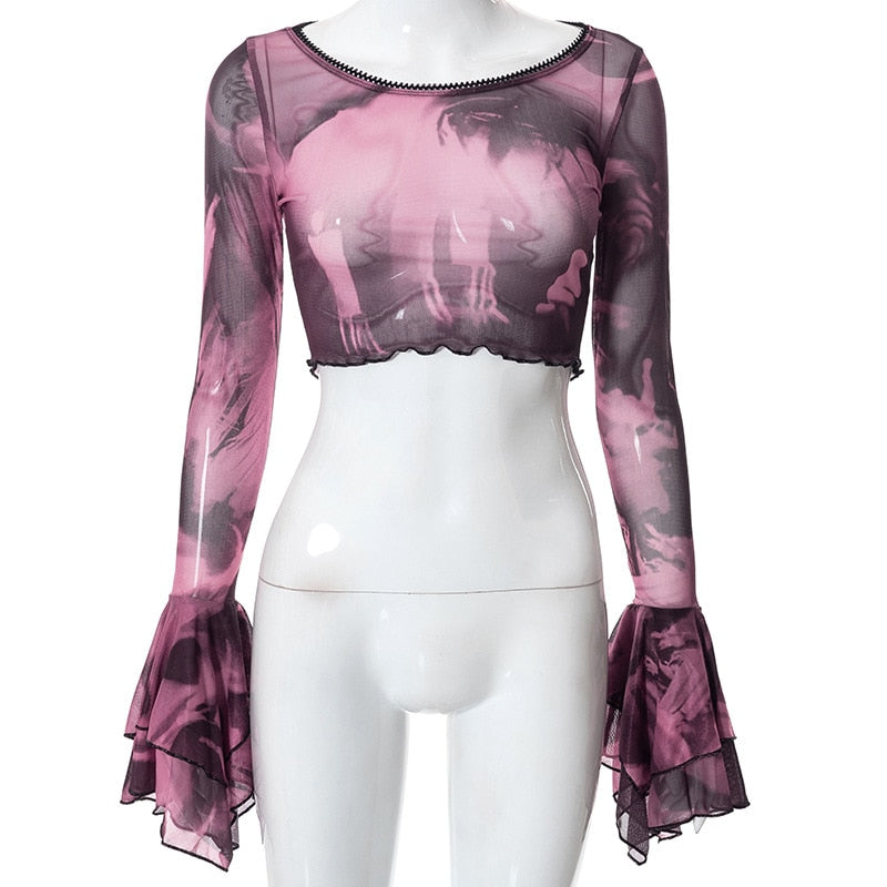 Gothic Mesh Crop Top with Flare Sleeves