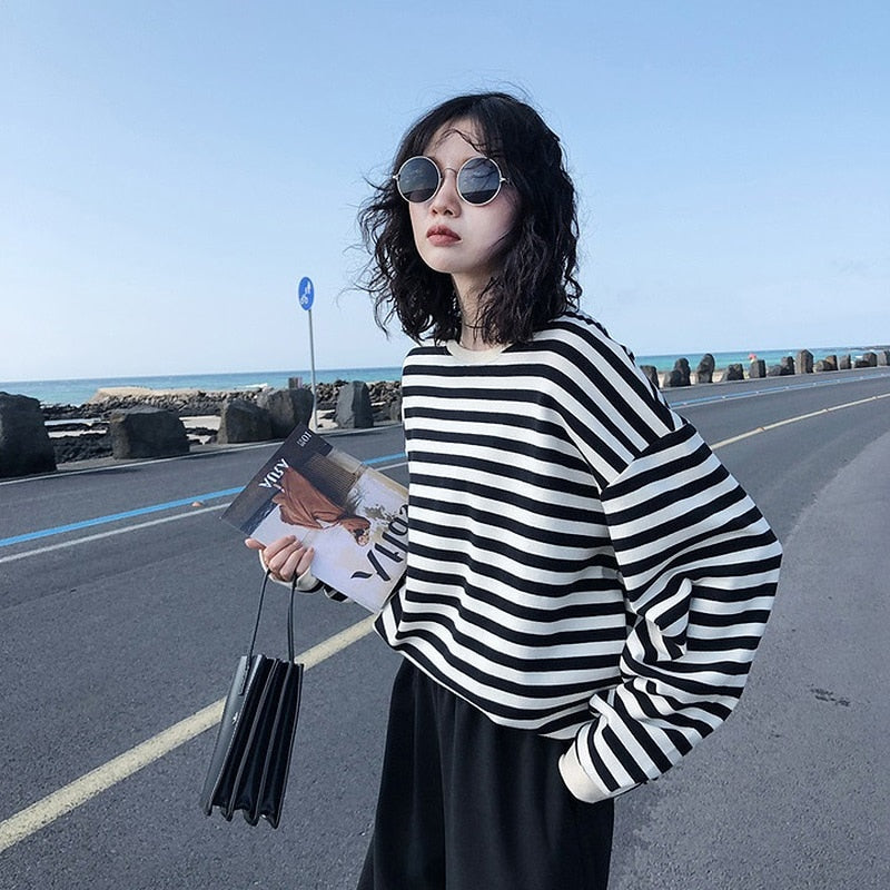 Gothic Japan style Stripe Cotton Hoodie for Women