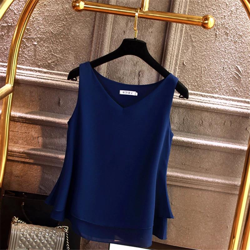 Summer Sleeveless Chiffon Blouse Solid V-neck