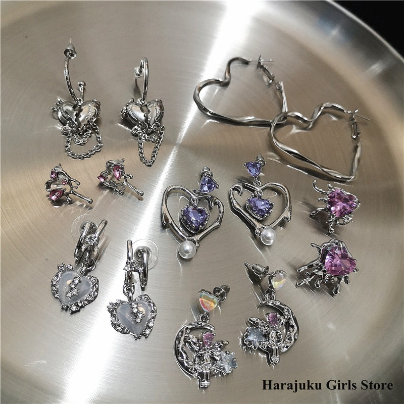 Gothic Harajuku Vintage Peach Heart Fairy Angel Moon Pendant Earrings