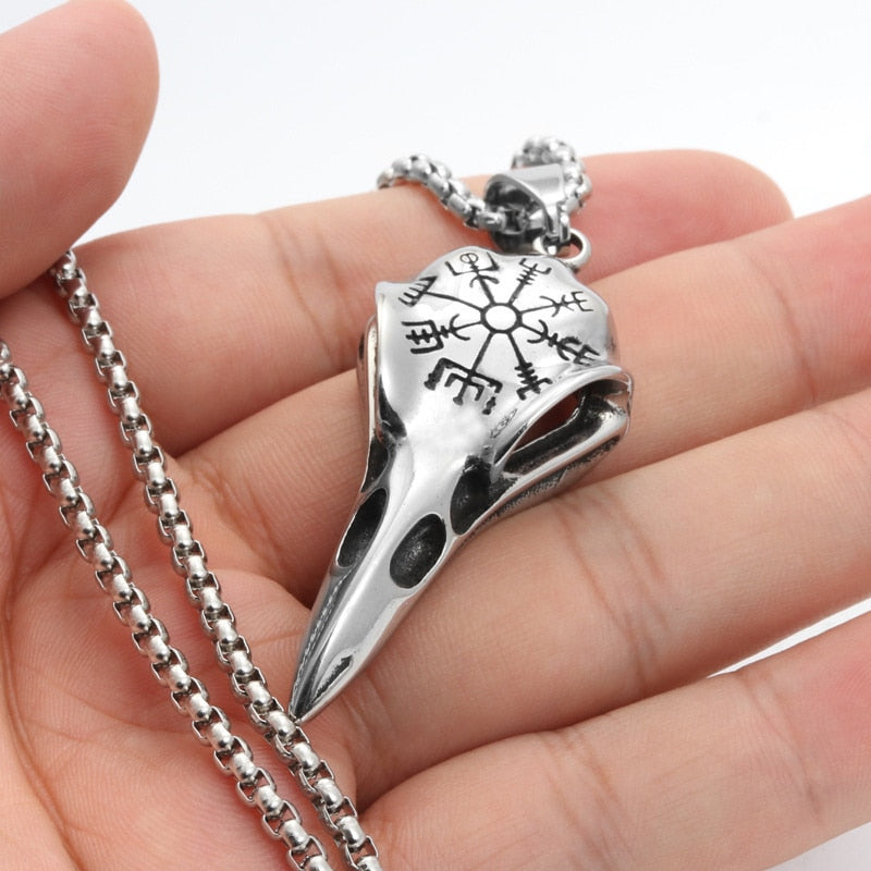Gothic Chain Necklace with Odin Crow Skull Pendant