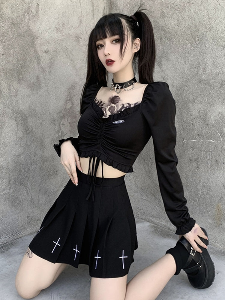 Gothic Black V-neck Crop Top