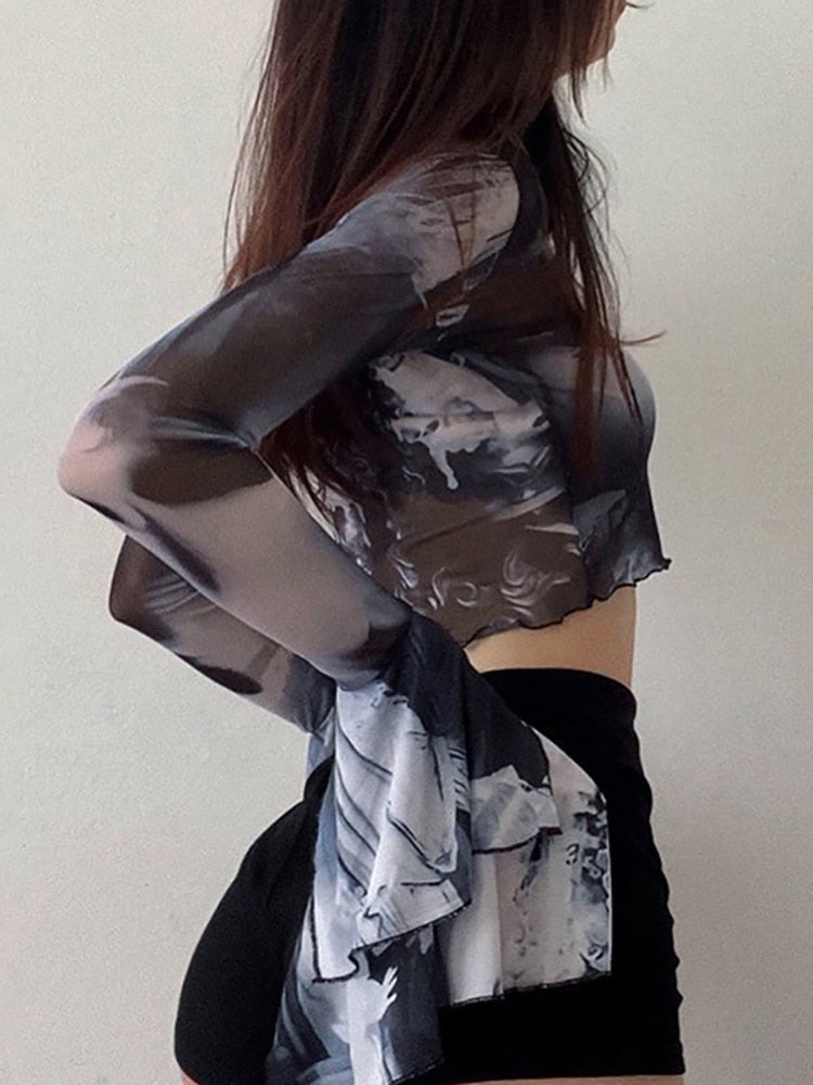 Gothic Mesh Crop Top with Flare Sleeves