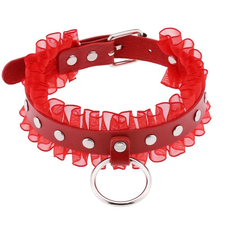 Gothic Leather Choker Necklace with Ring and Ribbon