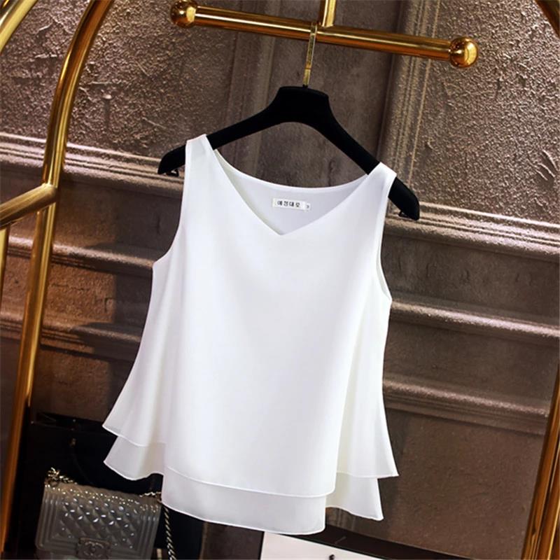 Summer Sleeveless Chiffon Blouse Solid V-neck