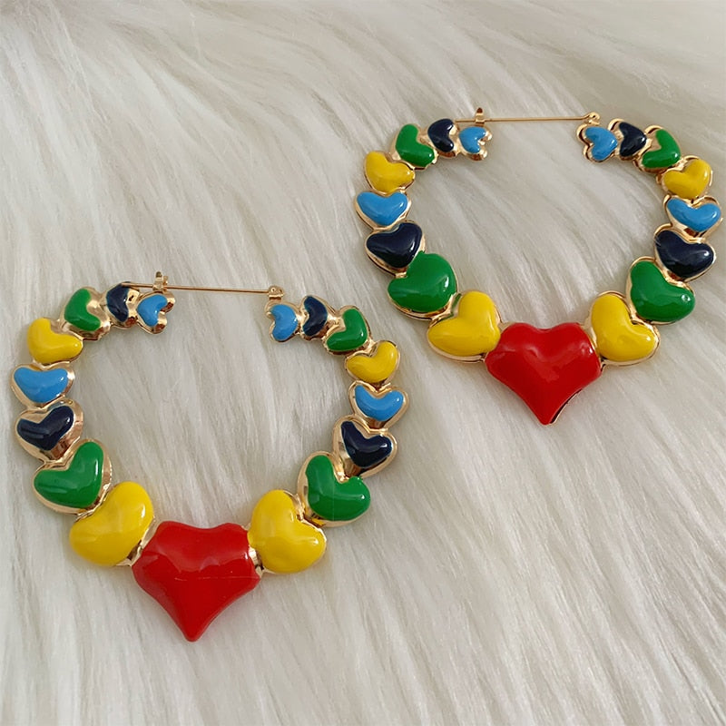 Gothic Rainbow Heart Hoop Earrings Korean Fashion