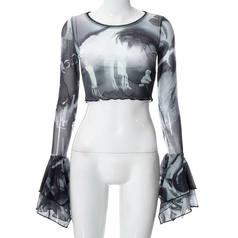 Gothic Mesh Crop Top with Flare Sleeves